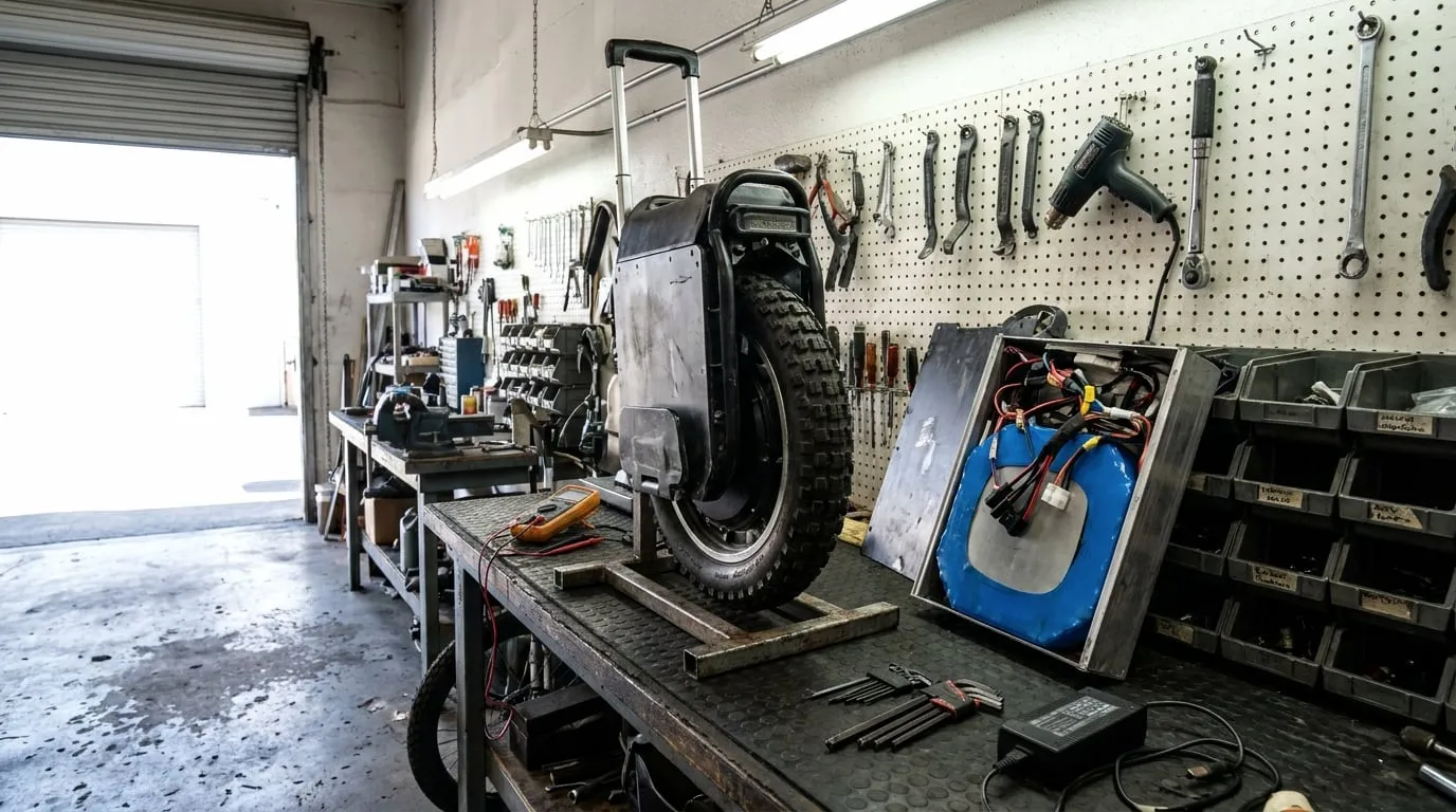 Heavy suspension electric unicycle on a repair stand with one side panel off, showing the battery pack, a multimeter and the charger on the bench