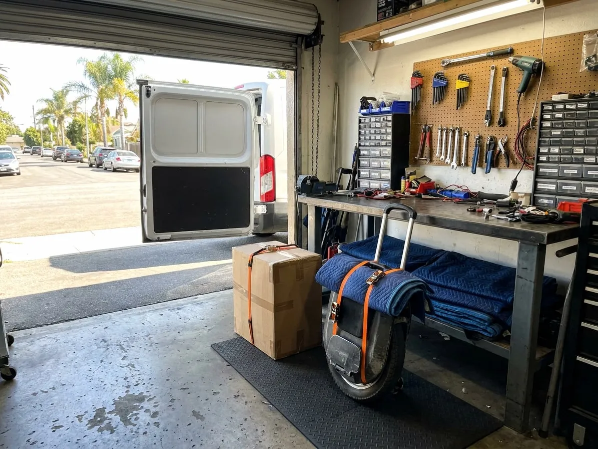 Electric unicycle strapped upright on moving blankets inside a cargo van on a sunny residential street